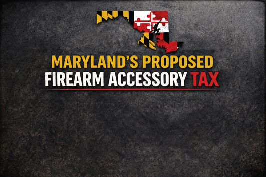 Maryland state silhouette filled with the Maryland flag above bold text reading “Maryland’s Proposed Firearm Accessory Tax” on a dark textured background.